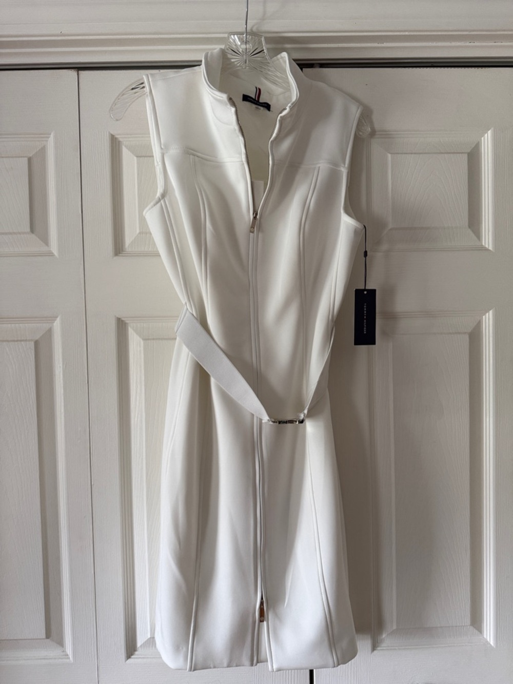 Tommy Hilfiger Sleeveless White Zip-Front Belted Dress